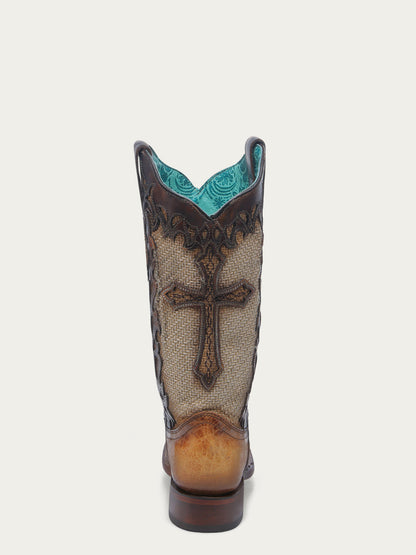 Women's Corral Sand Genuine Leather Boots with Jute & Cross Overlay Wide