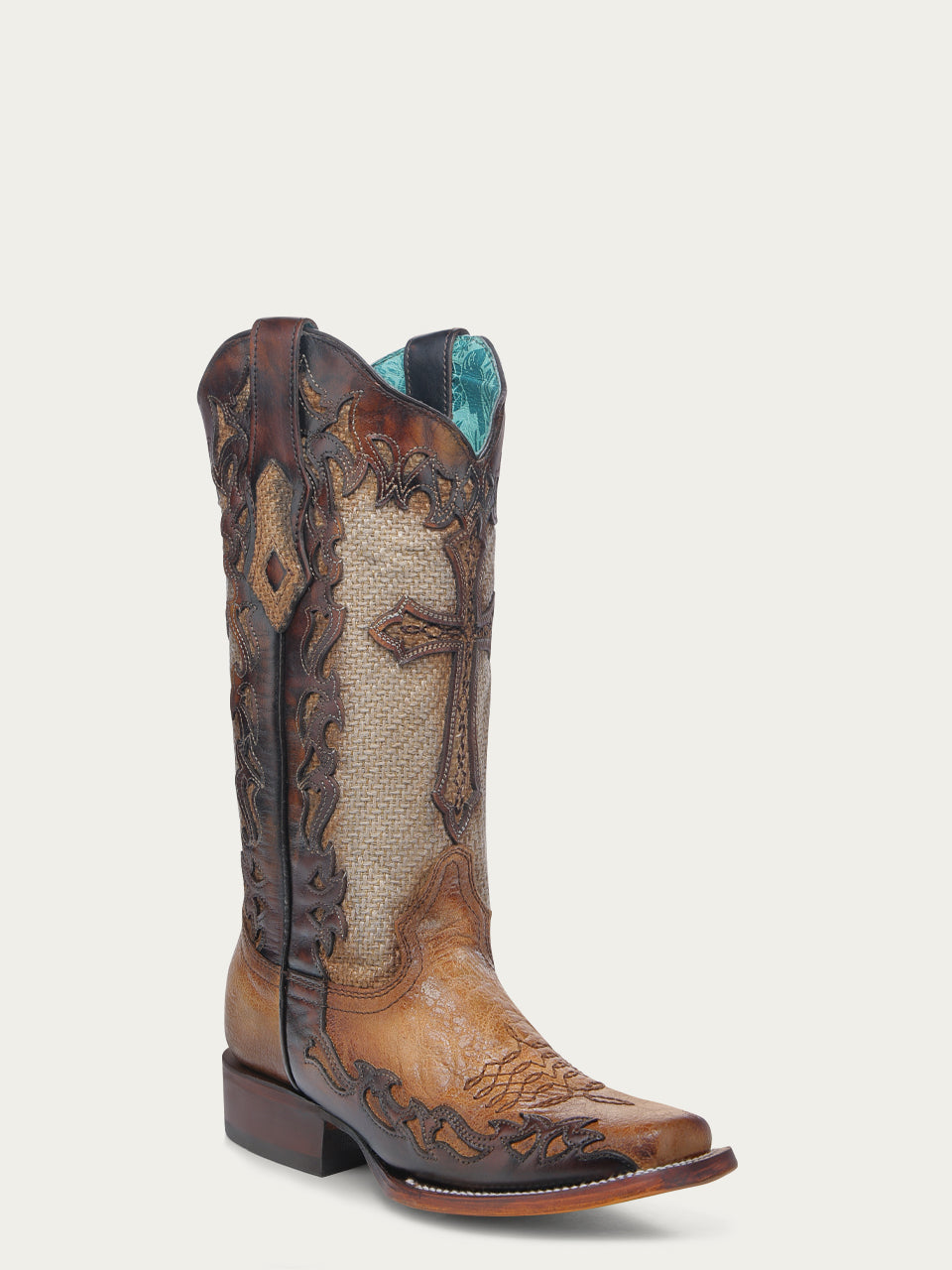Women's Corral Sand Genuine Leather Boots with Jute & Cross Overlay Wide