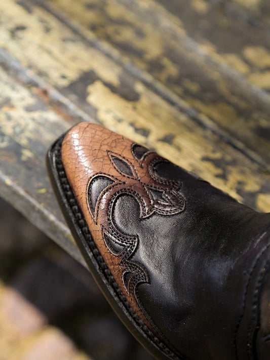 Women's Corral Black Genuine Leather Boots with Honey Feathers Embroidery & Crackled Overlay & Studs Tall Top