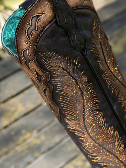 Women's Corral Black Genuine Leather Boots with Honey Feathers Embroidery & Crackled Overlay & Studs Tall Top