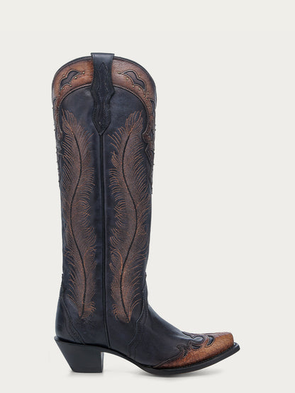 Women's Corral Black Genuine Leather Boots with Honey Feathers Embroidery & Crackled Overlay & Studs Tall Top