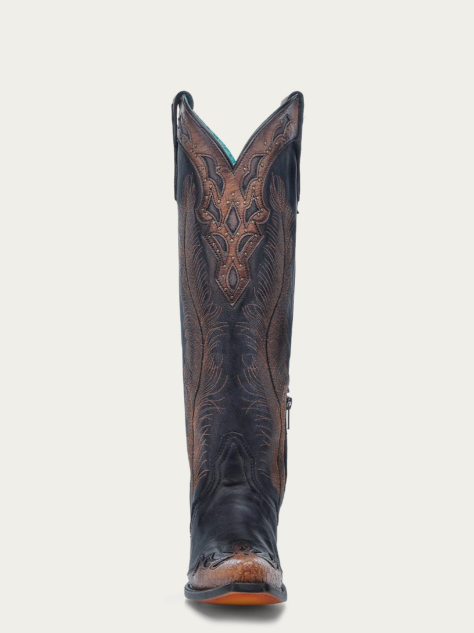 Women's Corral Black Genuine Leather Boots with Honey Feathers Embroidery & Crackled Overlay & Studs Tall Top