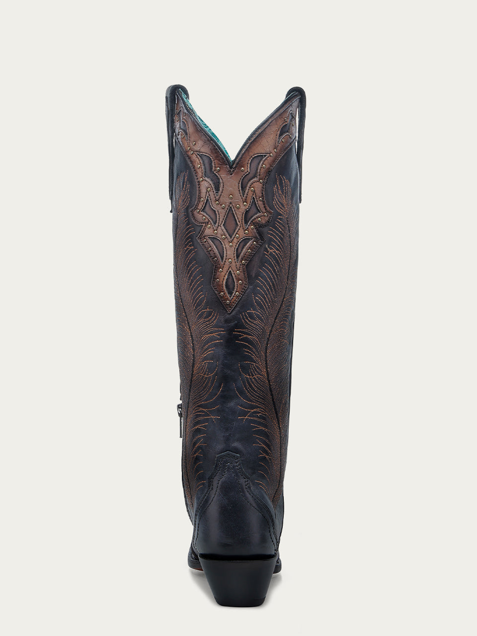 Women's Corral Black Genuine Leather Boots with Honey Feathers Embroidery & Crackled Overlay & Studs Tall Top