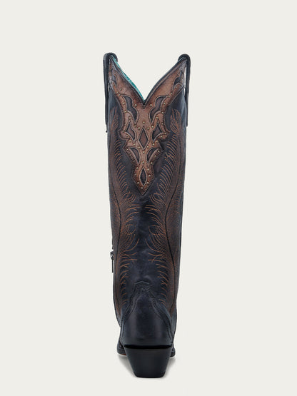 Women's Corral Black Genuine Leather Boots with Honey Feathers Embroidery & Crackled Overlay & Studs Tall Top
