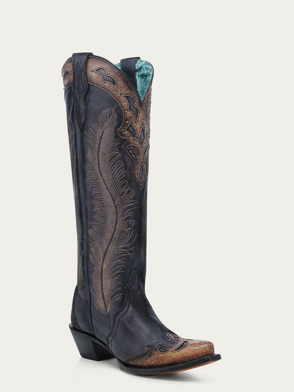 Women's Corral Black Genuine Leather Boots with Honey Feathers Embroidery & Crackled Overlay & Studs Tall Top