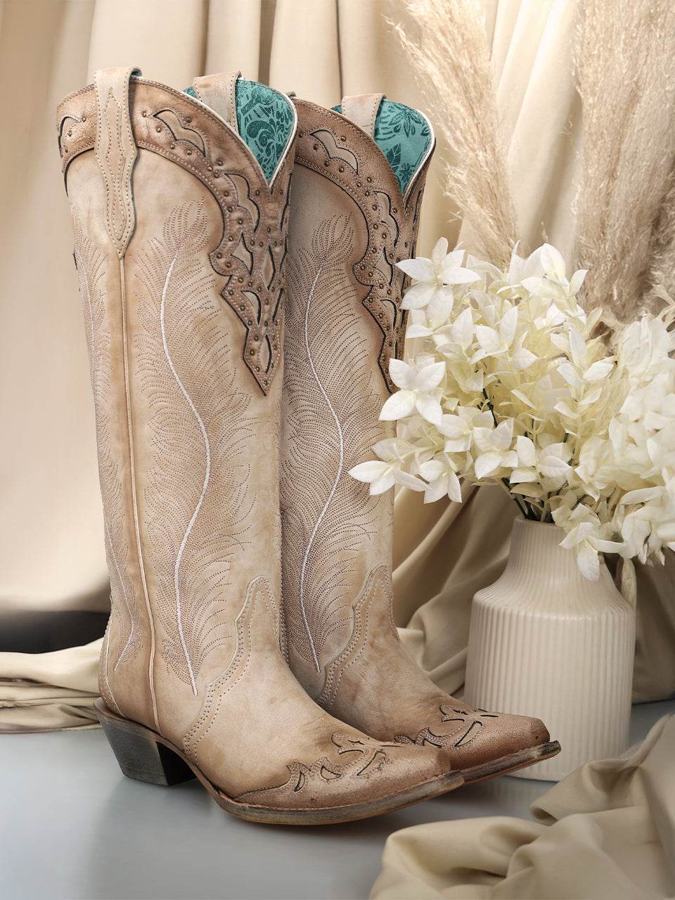 Women's Corral Sand Genuine Leather Boots with Feathers Embroidery & Crackled Overlay & Studs Tall Top