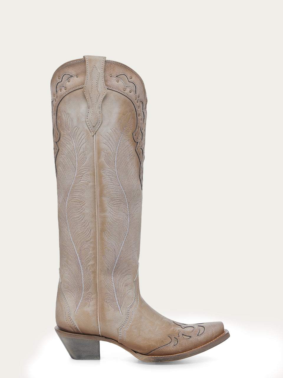 Women's Corral Sand Genuine Leather Boots with Feathers Embroidery & Crackled Overlay & Studs Tall Top