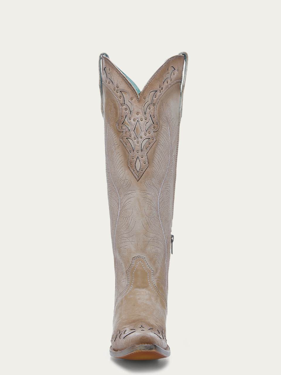 Women's Corral Sand Genuine Leather Boots with Feathers Embroidery & Crackled Overlay & Studs Tall Top