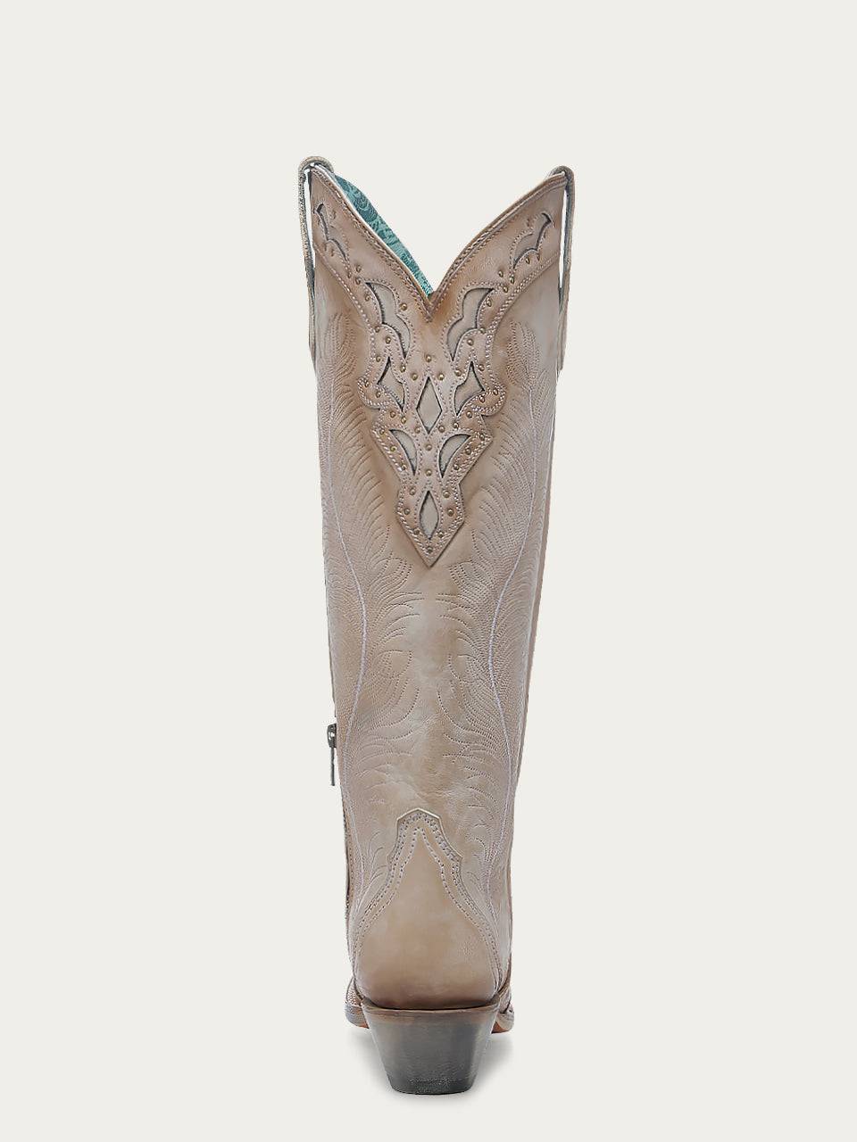 Women's Corral Sand Genuine Leather Boots with Feathers Embroidery & Crackled Overlay & Studs Tall Top