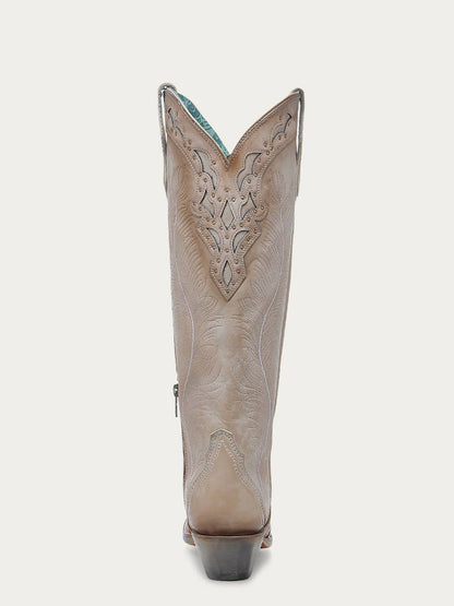 Women's Corral Sand Genuine Leather Boots with Feathers Embroidery & Crackled Overlay & Studs Tall Top