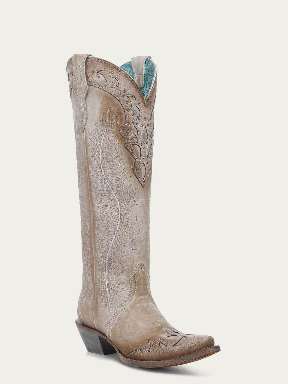 Women's Corral Sand Genuine Leather Boots with Feathers Embroidery & Crackled Overlay & Studs Tall Top