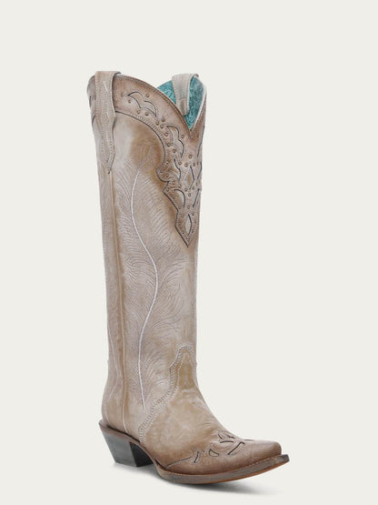 Women's Corral Sand Genuine Leather Boots with Feathers Embroidery & Crackled Overlay & Studs Tall Top
