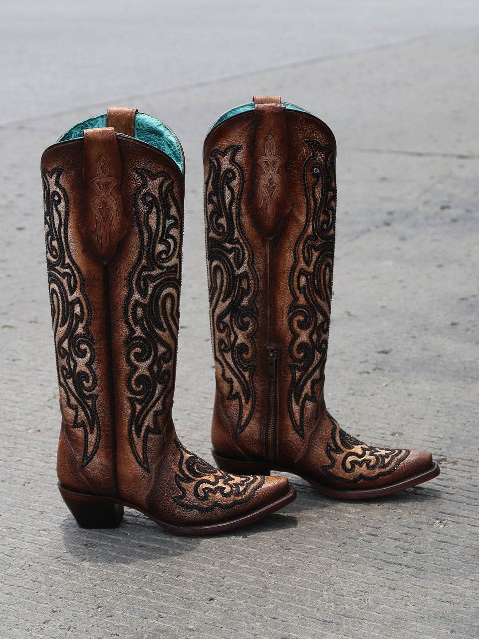 Women's Corral Tobacco Genuine Leather Boots with Crackled & Embroidery & Crystals Tall Top