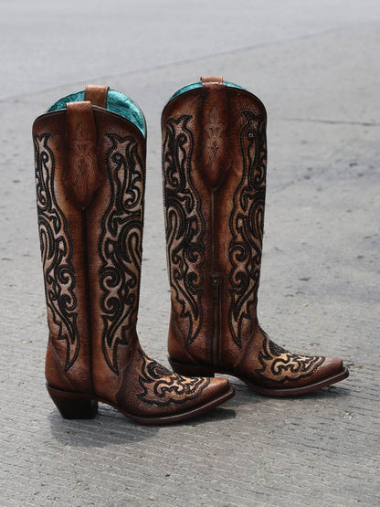 Women's Corral Tobacco Genuine Leather Boots with Crackled & Embroidery & Crystals Tall Top