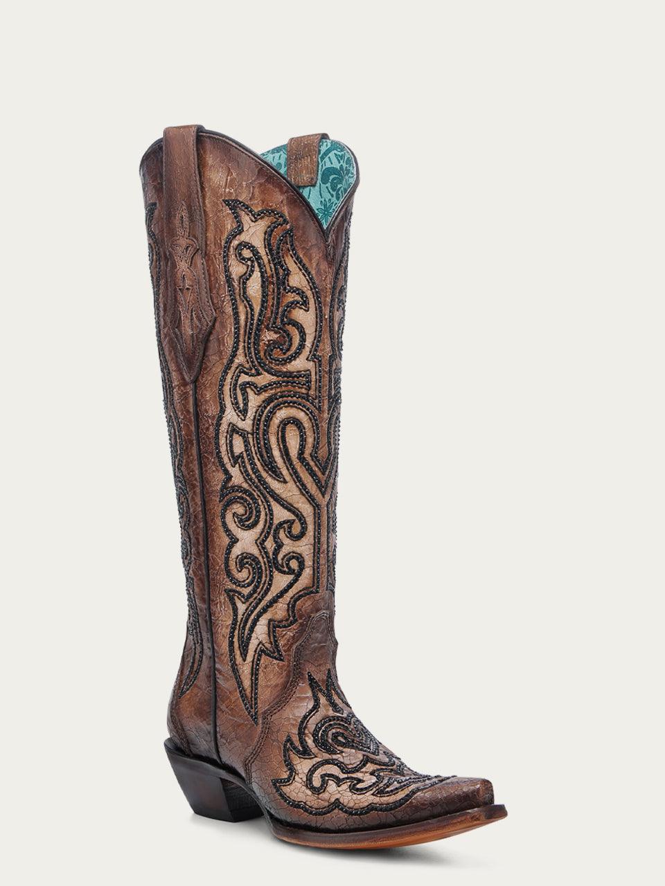 Women's Corral Tobacco Genuine Leather Boots with Crackled & Embroidery & Crystals Tall Top