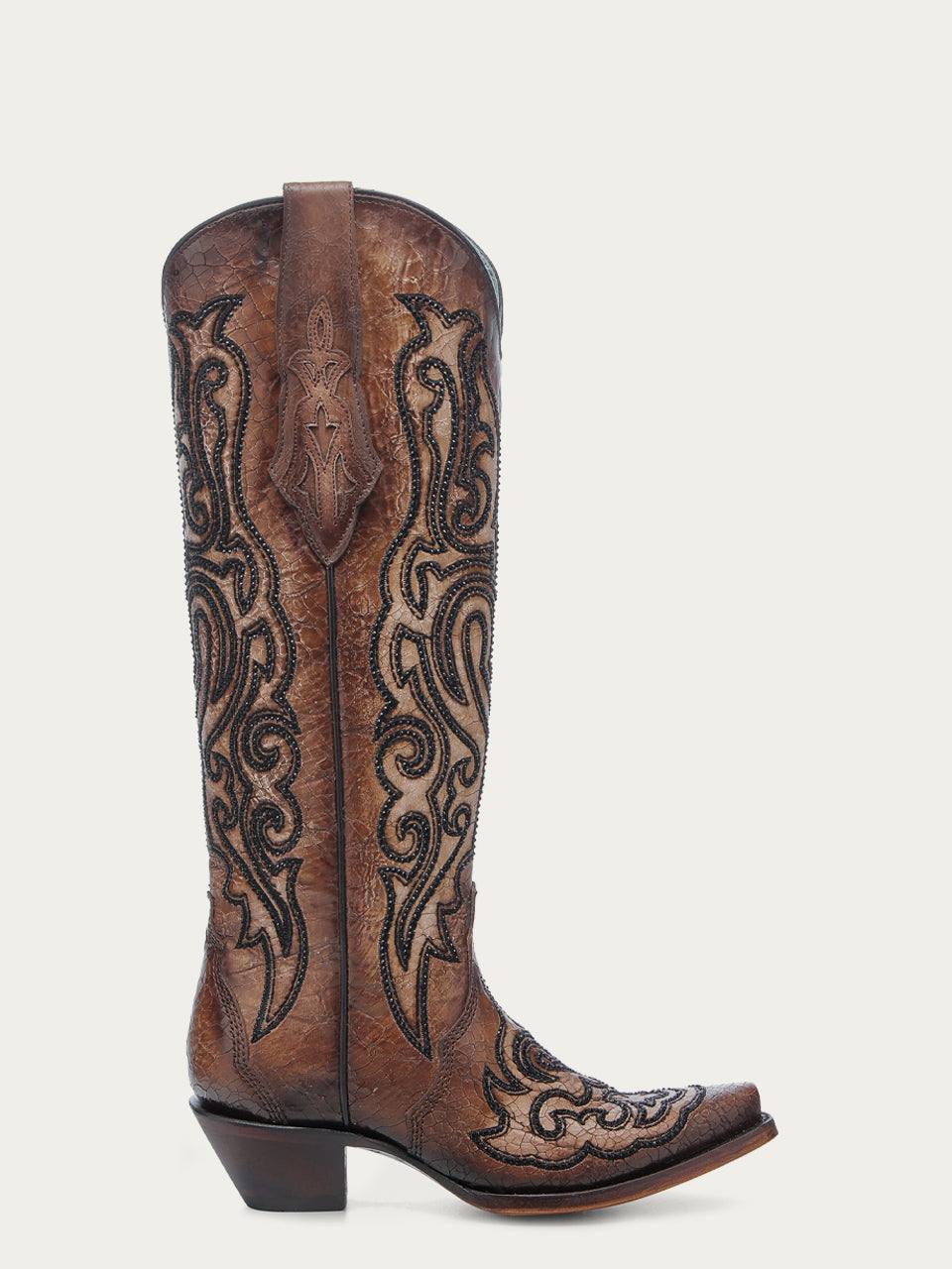 Women's Corral Tobacco Genuine Leather Boots with Crackled & Embroidery & Crystals Tall Top