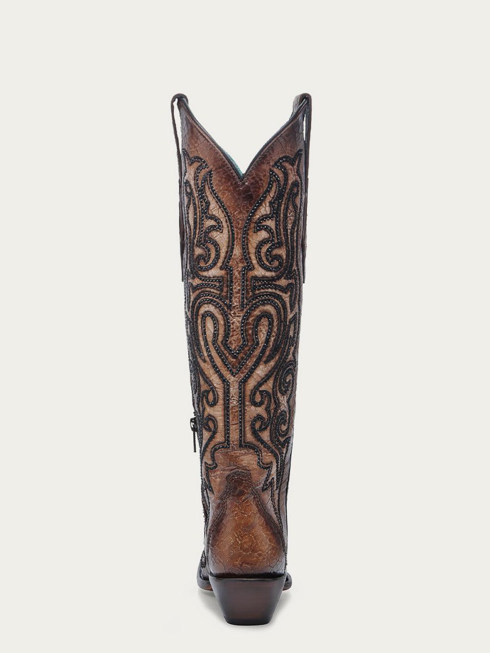 Women's Corral Tobacco Genuine Leather Boots with Crackled & Embroidery & Crystals Tall Top