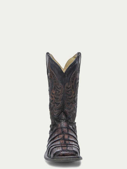Men's Corral Chocolate Genuine Caiman Boots with Overlay & Embroidery