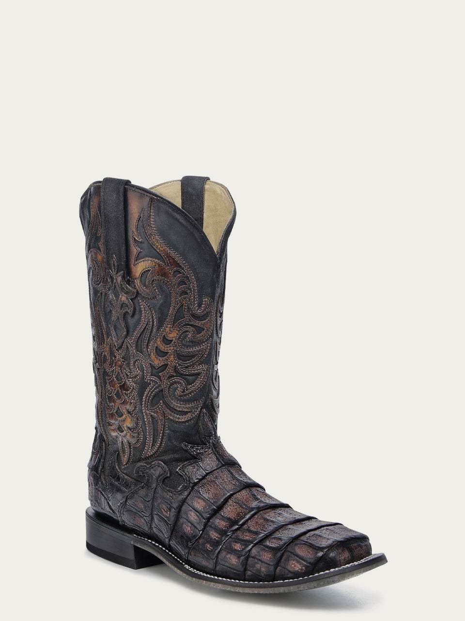 Men's Corral Chocolate Genuine Caiman Boots with Overlay & Embroidery