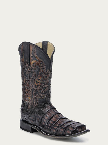 Men's Corral Chocolate Genuine Caiman Boots with Overlay & Embroidery