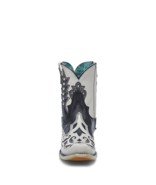 Women's Corral White Genuine Leather Boots with Black Embroidery & Overlay & Studs Wing Tip Ankle Boot