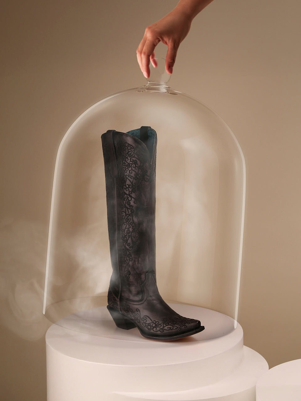 Women's Corral Black Genuine Leather Boots with Bone Floral Embroidery Tall Top
