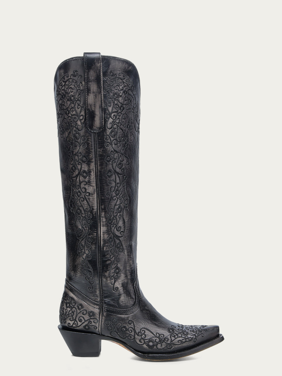 Women's Corral Black Genuine Leather Boots with Bone Floral Embroidery Tall Top