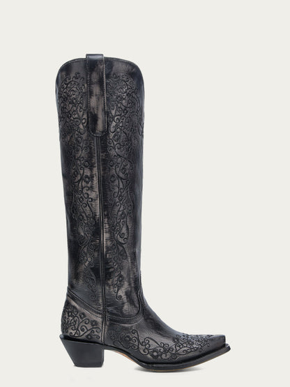 Women's Corral Black Genuine Leather Boots with Bone Floral Embroidery Tall Top