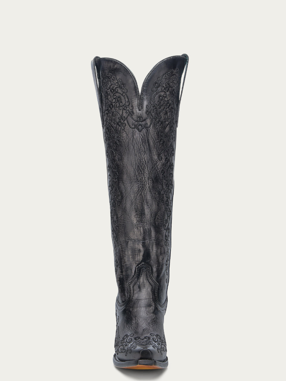 Women's Corral Black Genuine Leather Boots with Bone Floral Embroidery Tall Top
