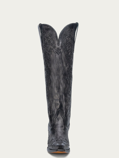 Women's Corral Black Genuine Leather Boots with Bone Floral Embroidery Tall Top