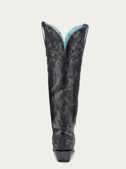 Women's Corral Black Genuine Leather Boots with Bone Floral Embroidery Tall Top