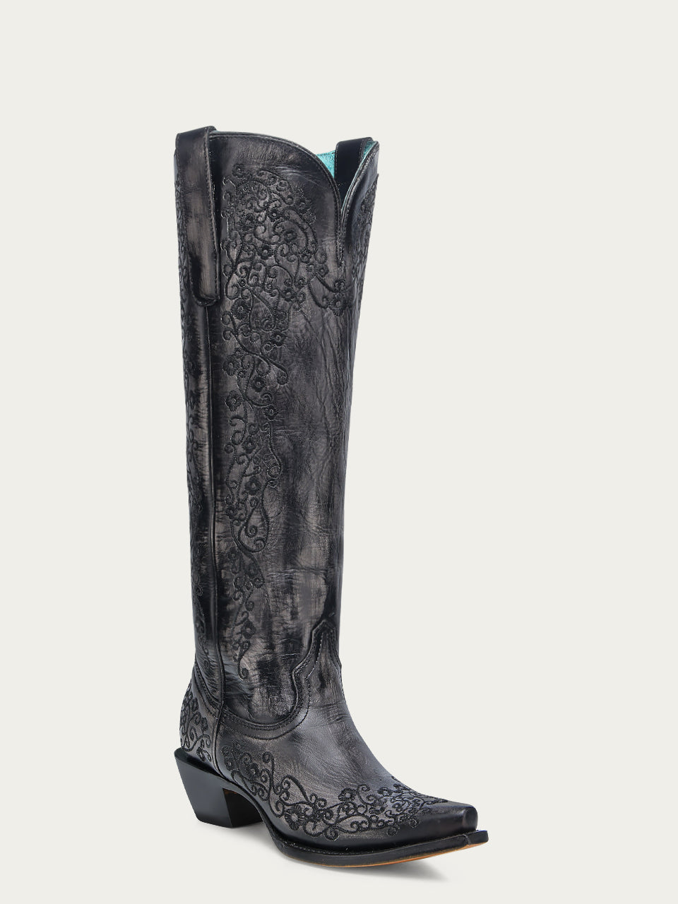 Women's Corral Black Genuine Leather Boots with Bone Floral Embroidery Tall Top
