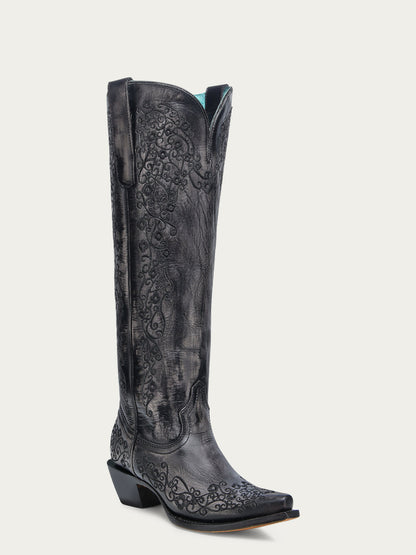 Women's Corral Black Genuine Leather Boots with Bone Floral Embroidery Tall Top
