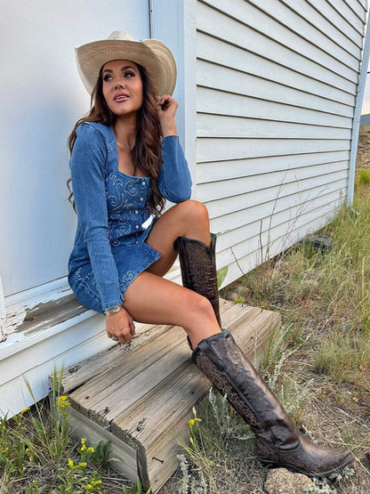 Women's Corral Black Genuine Leather Boots with Honey Floral Embroidery
