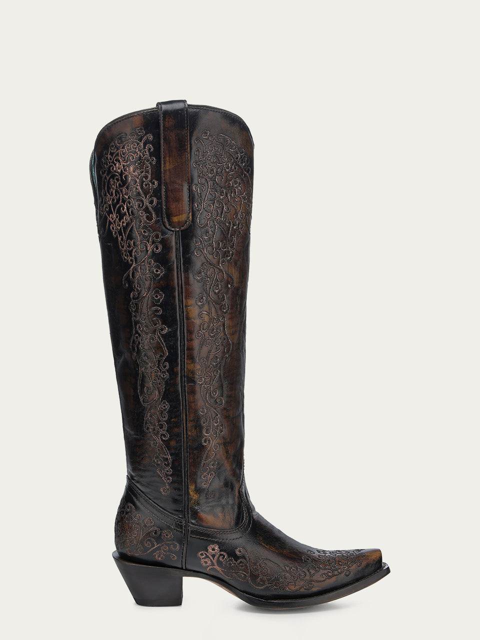 Women's Corral Black Genuine Leather Boots with Honey Floral Embroidery