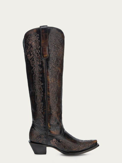 Women's Corral Black Genuine Leather Boots with Honey Floral Embroidery