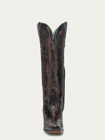 Women's Corral Black Genuine Leather Boots with Honey Floral Embroidery