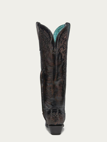 Women's Corral Black Genuine Leather Boots with Honey Floral Embroidery