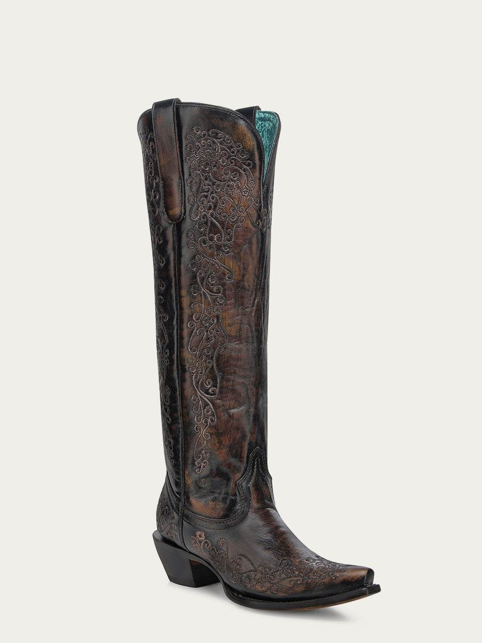 Women's Corral Black Genuine Leather Boots with Honey Floral Embroidery