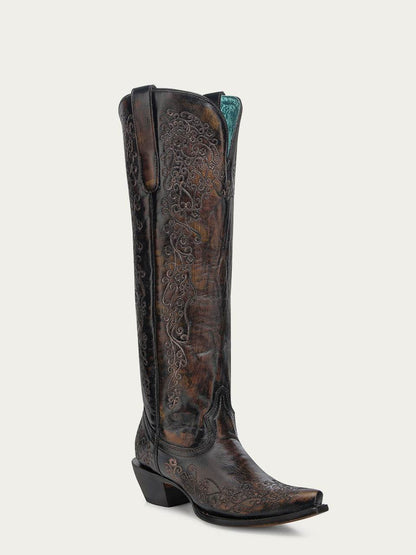 Women's Corral Black Genuine Leather Boots with Honey Floral Embroidery
