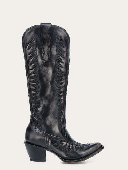Women's Corral Black Genuine Leather Boots with Bone Embroidery