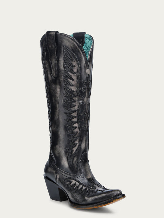 Women's Corral Black Genuine Leather Boots with Bone Embroidery