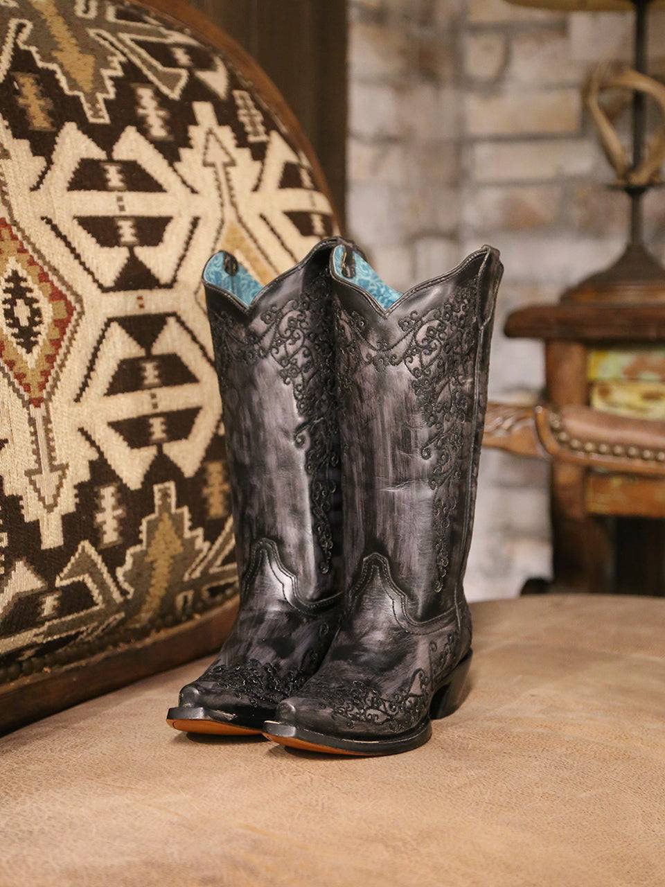 Women's Corral Black Genuine Leather Boots with Bone Floral Embroidery