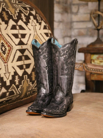 Women's Corral Black Genuine Leather Boots with Bone Floral Embroidery