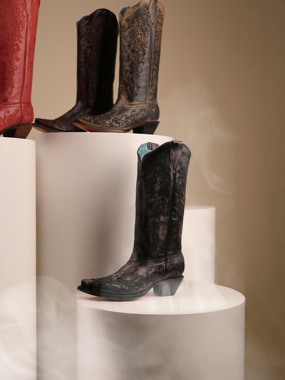 Women's Corral Black Genuine Leather Boots with Bone Floral Embroidery