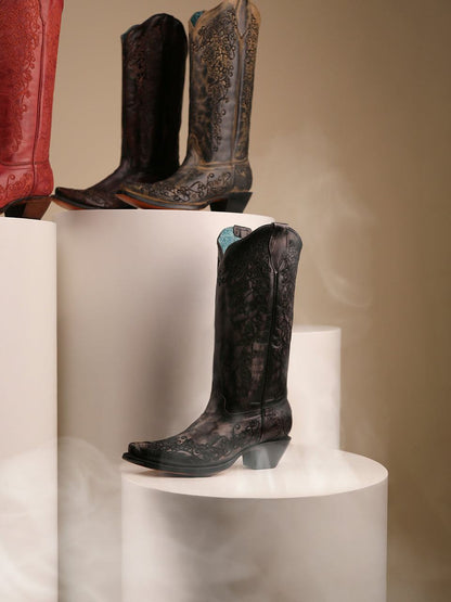 Women's Corral Black Genuine Leather Boots with Bone Floral Embroidery
