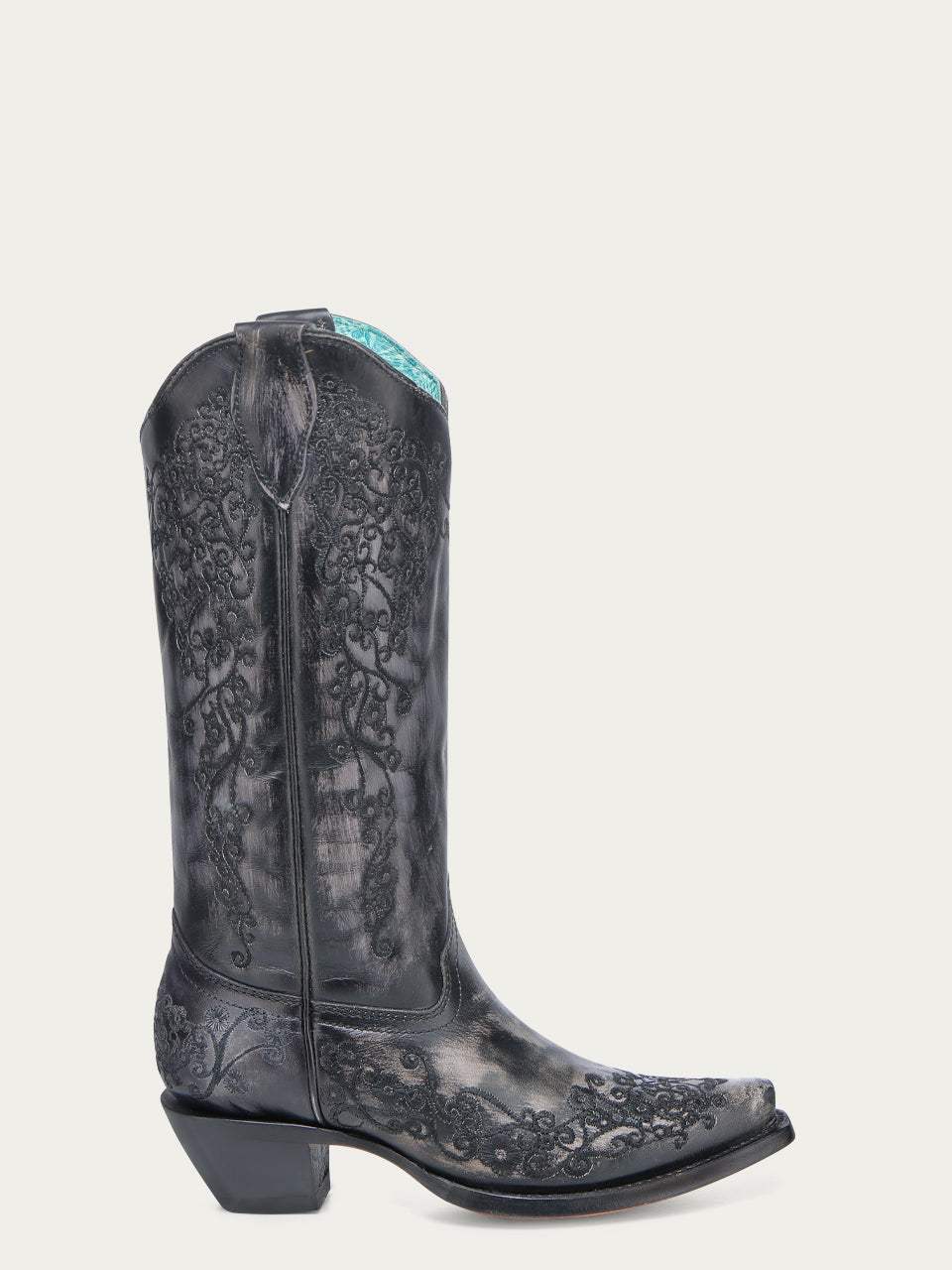 Women's Corral Black Genuine Leather Boots with Bone Floral Embroidery