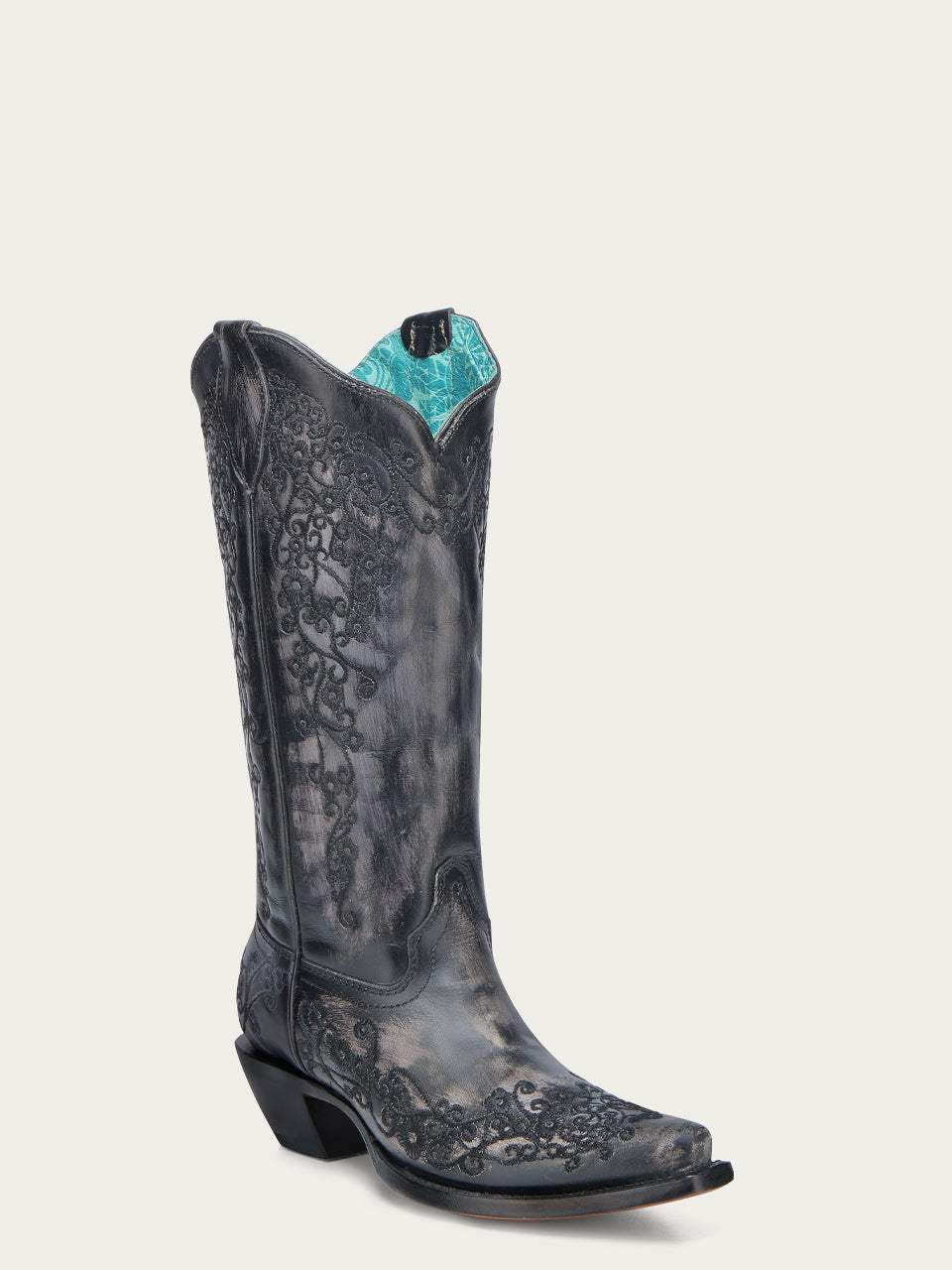 Women's Corral Black Genuine Leather Boots with Bone Floral Embroidery