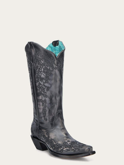 Women's Corral Black Genuine Leather Boots with Bone Floral Embroidery