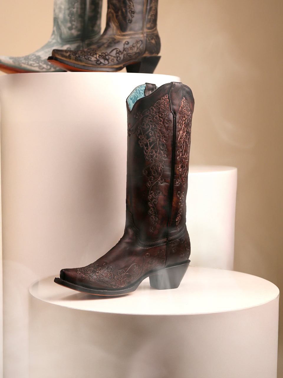 Women's Corral Black Genuine Leather Boots with Honey Floral Embroidery